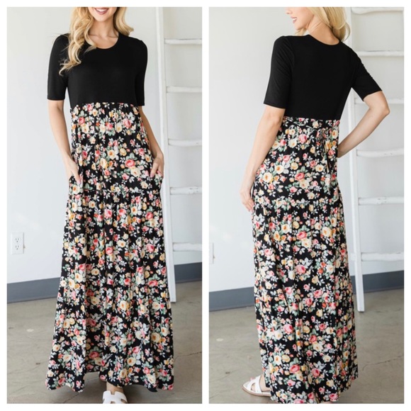 BOHO FLORAL COLOR BLOCK MAXI DRESS - Picture 3 of 6